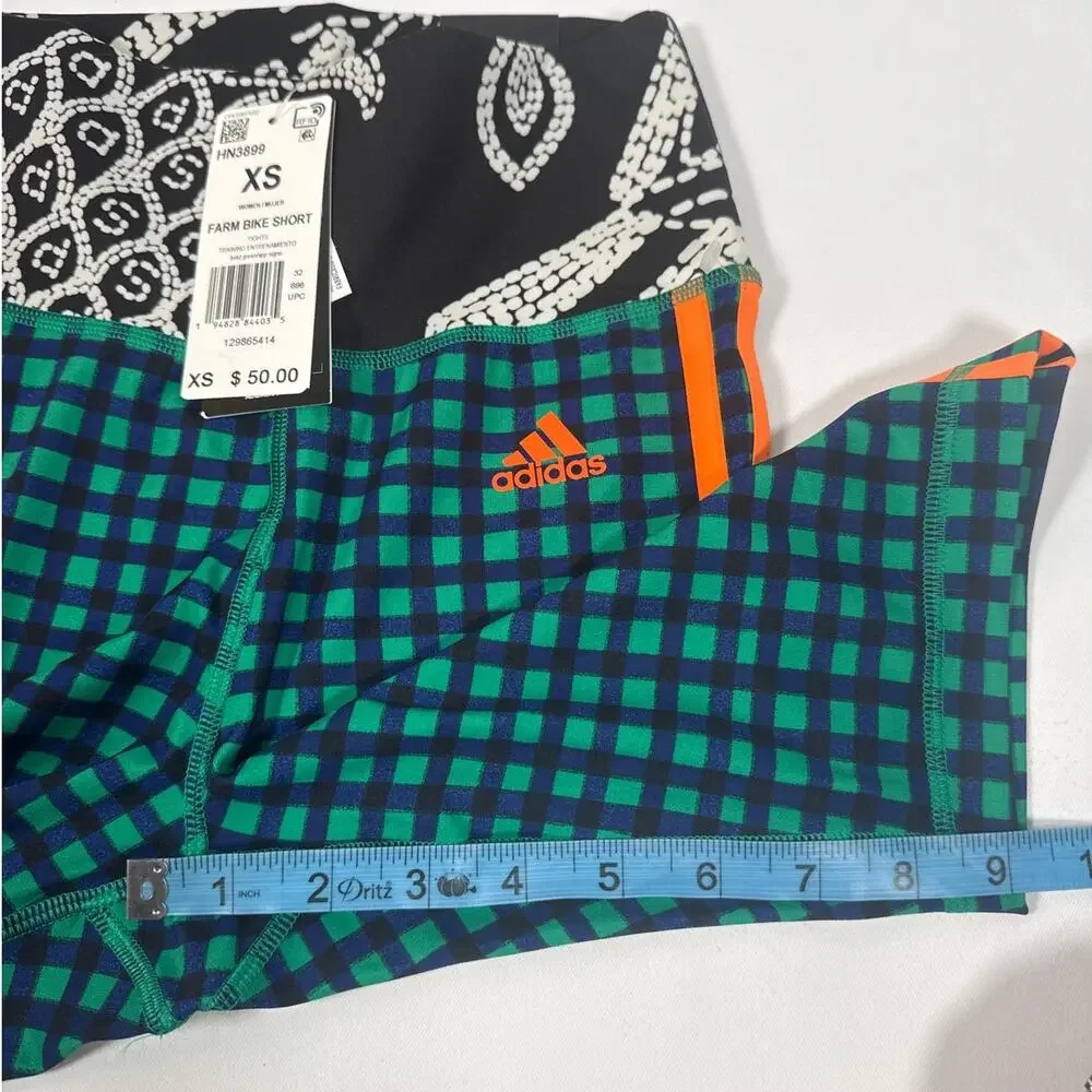 Adidas x FARM Rio High Rise Biker Shorts Colorful Check Print Womens XS NWT - Picture 3 of 6